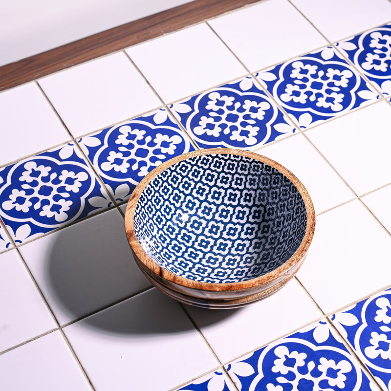 Wooden Blue & White Bowl with Spoon