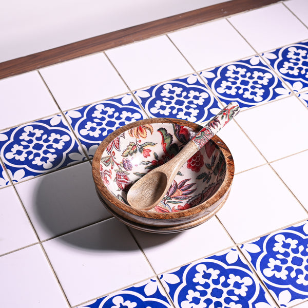 Wooden Floral Bowl with Spoon