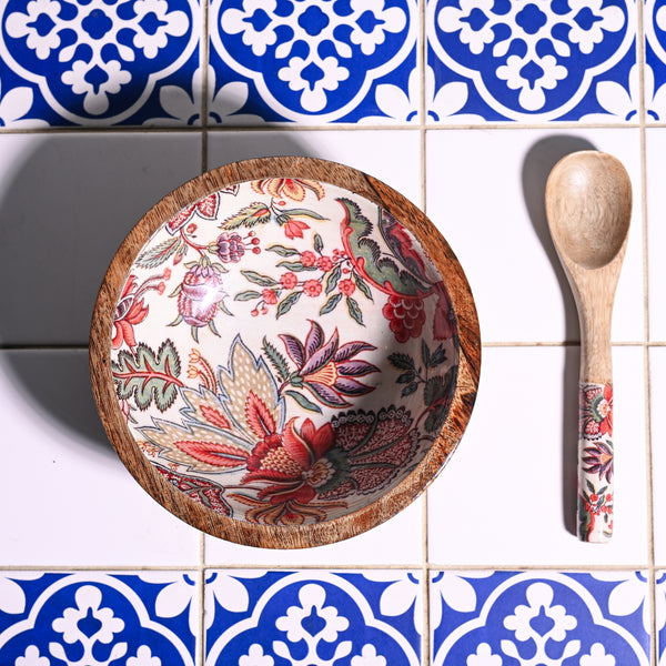 Wooden Floral Bowl with Spoon