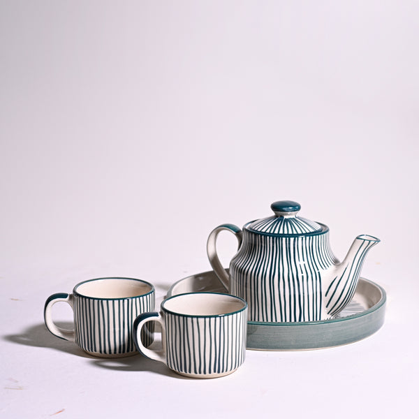 Green Black Ceramic Tea Set with Tray - Set of 2 Cups, Tea Pot & Plate