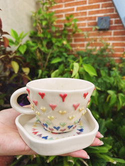 Rainbow Hearts mug and saucer set